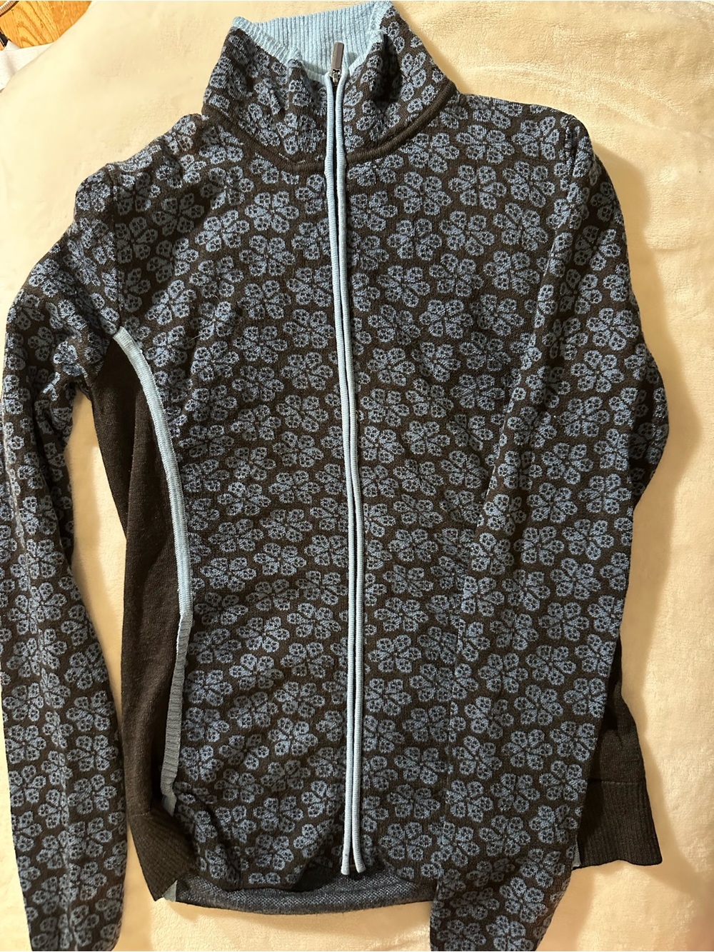 Smartwool Brown Cardigan with zipper with Light Blue Floral Pattern